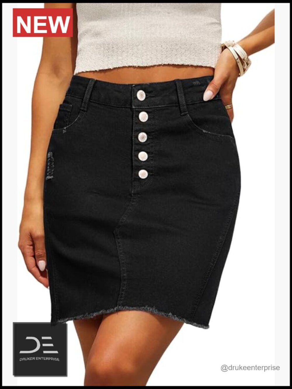 High Waist Stretchy Ripped Frayed Button Fly Jean Skirt